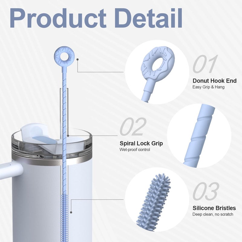 YOTIME Silicone Straw Cleaner Brush, 2 Pcs Reusable Straw Brush(6mm+9mm) for Cleaning Narrow & Wide Straws, Tumblers, Blue - Image 3